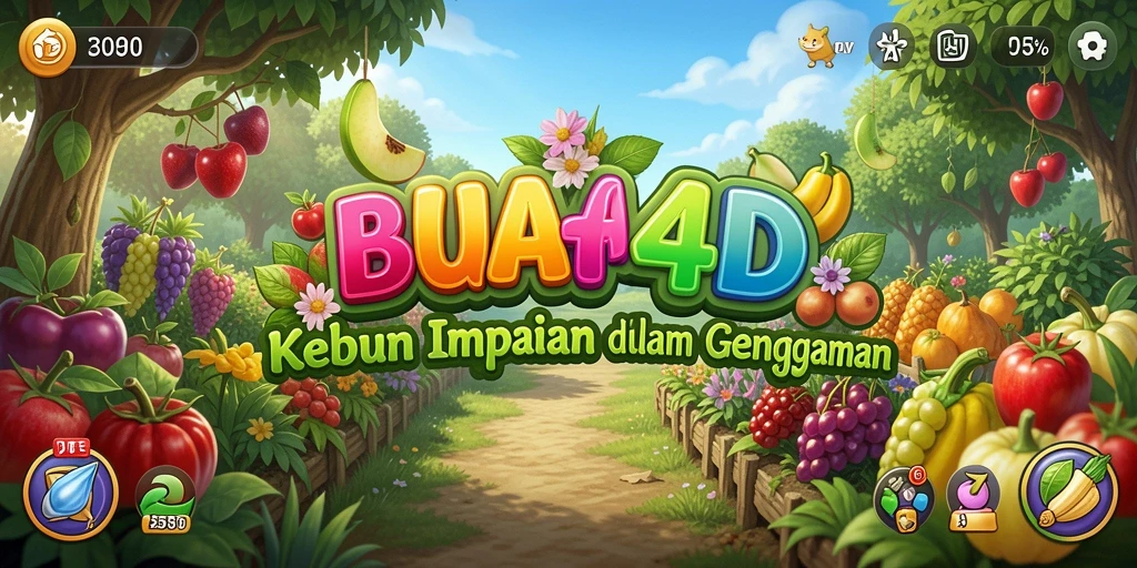 Screenshot gameplay BUAH4D menunjukkan kebun yang indah dan tanaman subur.