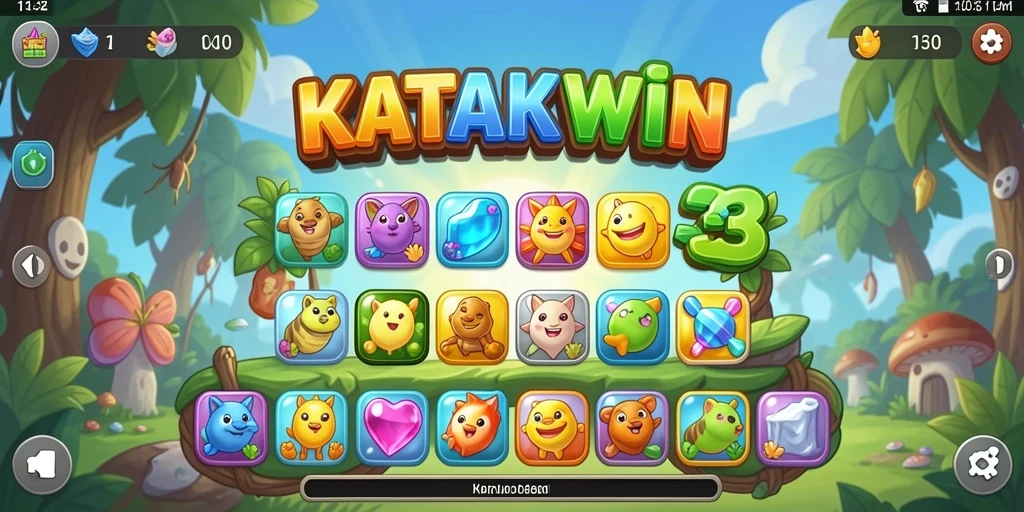 Screenshot gameplay KATAKWIN dengan elemen Match-3 yang berwarna-warni.
