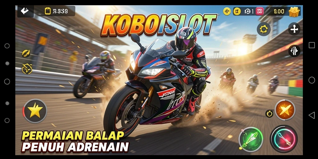 Tangkapan layar gameplay KOBOISLOT dengan balapan motor yang intens.