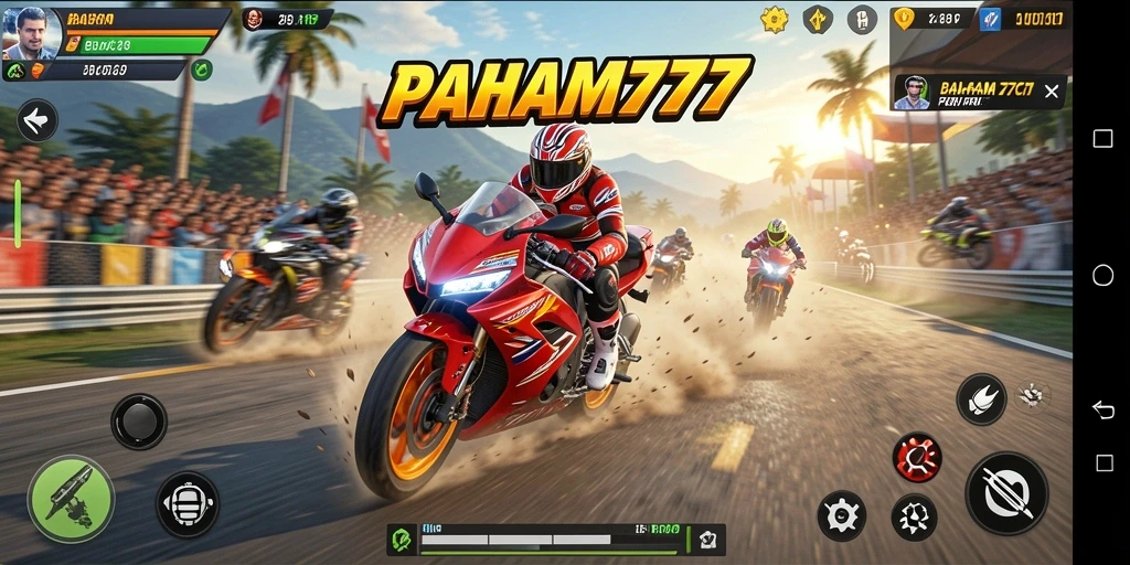 Tampilan gameplay seru dalam PAHAM777 balapan motor.